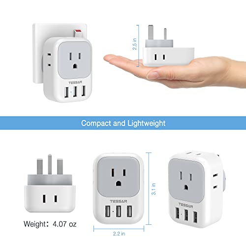 US to UK Plug Adapter, TESSAN Type G Ireland Travel Adapter with 4