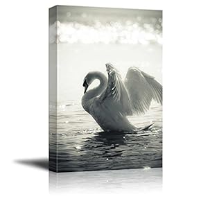Canvas Prints Wall Art - Graceful Swan on a Lake in Black and White | Modern Wall Decor/Home Decoration Stretched Gallery Canvas Wrap Giclee Print. Ready to Hang - 12" x 18"