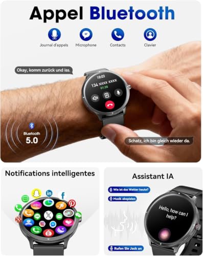 Men's Smart Watch, 1.75" AMOLED Large Screen Fashion Smartwatch, Double Straps/Bluetooth Calls/Pedometer/Heart Rate Monitor/Sleep Monitor/100+ Sports Modes for Android iOS (Brown) (Black)
