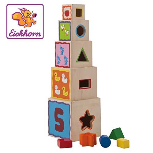 Eichhorn 100002085 - Steckwürfel-Steckturm - 10 teilig - 5 Würfel zum Stapeln - mit 5 Steckteilen - 47cm