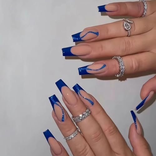 BABALAL Square Press on Nails Long Fake Nails Blue French Stick on Nails Glitter Swirl Acrylic Nails 24Pcs Squoval Shiny Manicure Artificial False Nails for Women and Girls