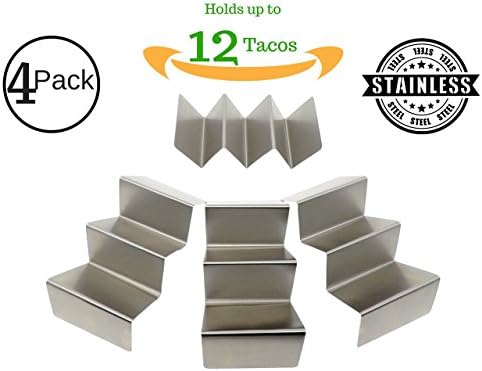 Taco Huyaco Rack, Taco Holder, Taco Stand | Holds 12 Tacos - Soft or Hard Shell | Premium Quality 304 Stainless Steel (8" long) | Dishwasher and Oven Safe | Pack of 4