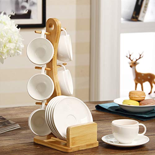 Porcelain Tea Cup Set,Coffee Cups and Saucer with Bamboo Rack(6 Piece Set)