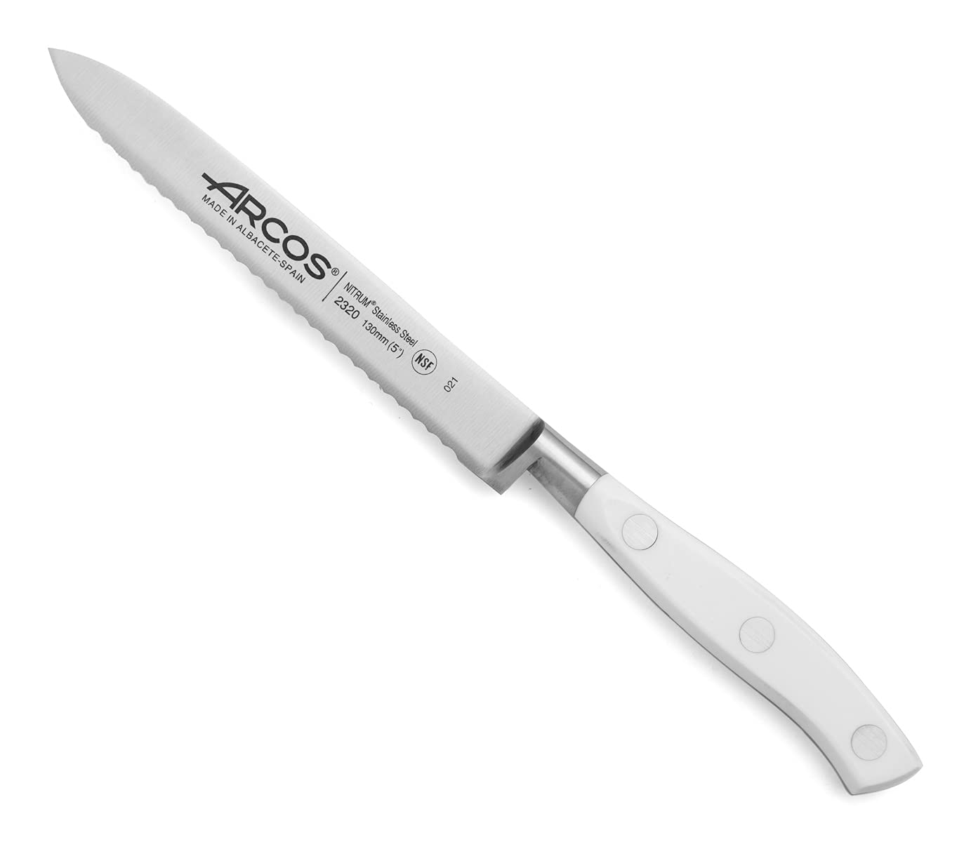 Arcos Forged Tomato Knife Serrated 5 Inch Nitrum Stainless Steel and 130 mm Blade, Ergonomic Polyoxymethylene POM Handle, Series Riviera Blanc, Color White