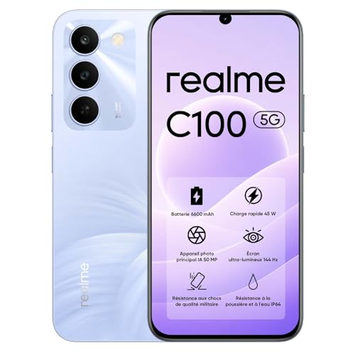 realme C100 5G Smartphone 4GB+128GB, 5G Smartphone, 6600mAh and 45W Charging, 6.8 Inch 144Hz Android Mobile Phone, 50MP AI Camera, 6.5W Reverse Charge, IP64, Purple