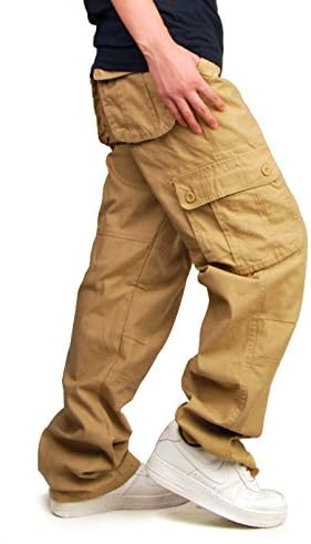 Hanmor Men's Casual Cotton Outdoor Military Cargo Pants Multi Pockets Tactical Trousers Khaki 32