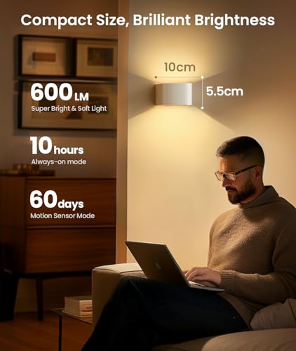 FULEN Pack of 2 Battery Wall Light with Motion Sensor, LED Indoor Wall Light, 3 Colours, 3 Modes, Up and Down Wireless Battery Wall Light with Remote Control for Bedroom, Living Room, Stairs (White)