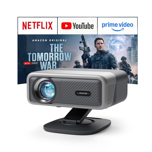 [Now with Netflix & 4500 ANSI] 4K Projector with WiFi and Bluetooth,TOF Real-Time Auto Focus Projector, AuKing Outdoor Movie Home Proyector with Omni-Adjustable Stand(silver grey)