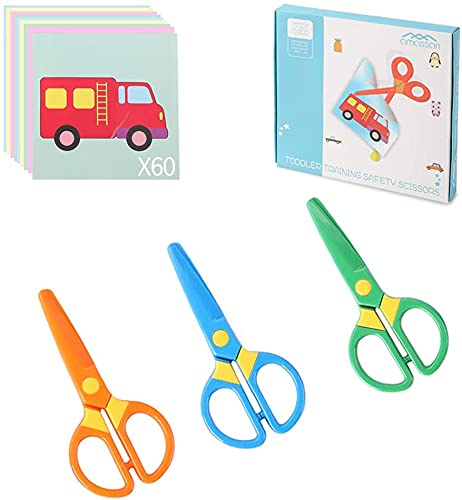 3-Pack Toddler Safety Scissors Kit - Child-Safe Preschool Training Scissors & 60 Sheets Craft Paper | Ergonomic Blunt Tips, Early Childhood Development Tools for Kids 2-5 Years