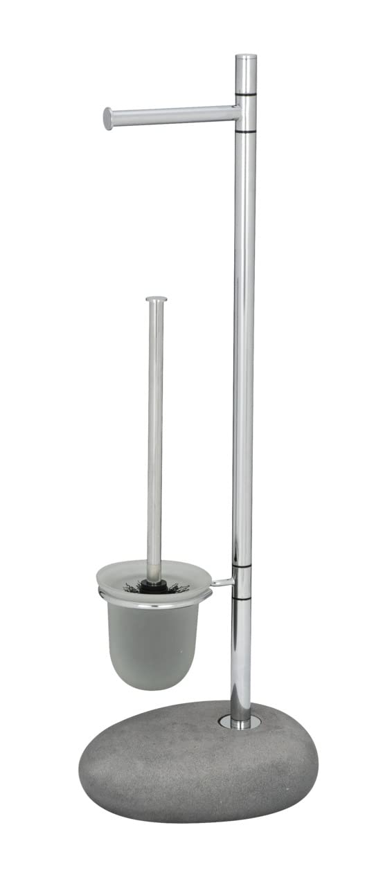 WENKO 19494100 Free standing toilet brush Pebble Stone Grey - Steel, 23.5 x 70 x 19 cm, Chrome