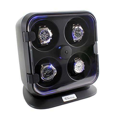 Versa Quad Watch Winder with Light in Black - Independently Controlled Settings - 12 Direction and Timer Settings - Adjustable Watch Pillows - Plenty of Space for Large Watches - No Magnetization