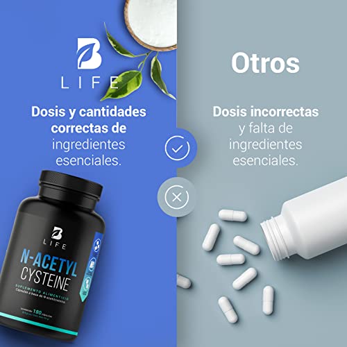 NAC N Acetil Cisteína de 180 Cápsulas 500 mg. Ingredientes naturales. N-Acetyl Cysteine B Life