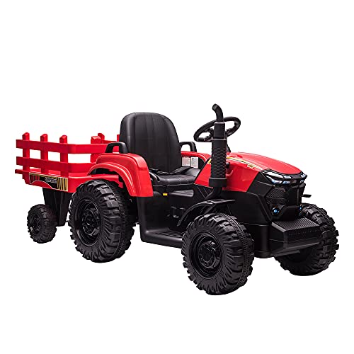 Aosom 12V Kids Ride On Tractor, Extra Large Kids Electric Battery Powered Car Toy with Back Trailer, Adjustable Speed, and LED Headlights, Red