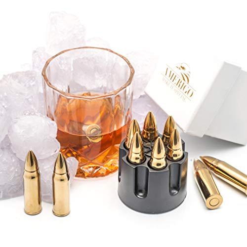 Whiskey Stones Bullets with Base - Gold XL Whiskey Ice Cubes Reusable - Cool Gifts for Men - Set of 6 Whiskey Bullets Stainless Steel in Revolver Base - Chilling Whiskey Rocks Gift Set by Amerigo