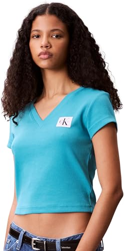Donna T-Shirt Maniche Corte Woven Label Rib Tee con Scollo a V, Turchese (Tuscan Teal), M
