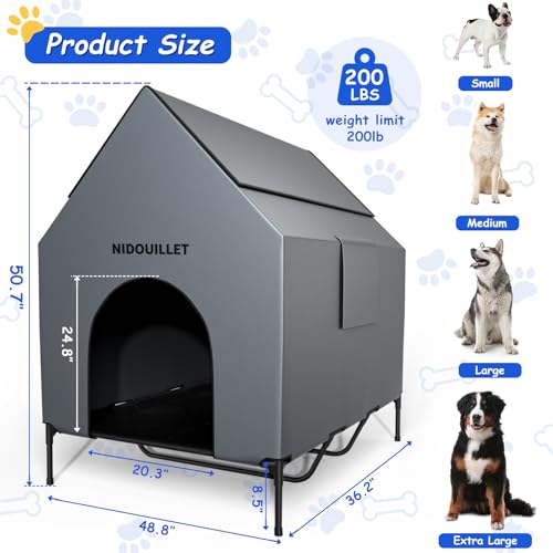 Nidouillet Dog House for Large Breed 122CM Outdoor or Indoor, Weatherproof 600D PVC House Large Puppy, Breathable 2x1 Textilene Fabric Raised Dog Bed