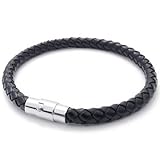 KONOV Jewelry Black Leather Mens Bracelet Stainless Steel Clasp, 6mm - 7