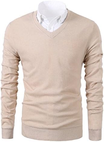 Mesahara Mens Slim Fit Light Weight V-Neck Pullover Sweater (S, Beige)