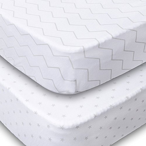 Playard Sheets, 2 Pack Fitted Soft Jersey Cotton Playpen Sheet, Bedding with Unisex Chevron and Stars Design, Fits Standard Pack n Play Mattress for Babies and Toddlers