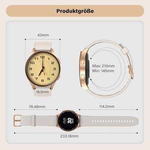 QIPOPC Smartwatch Damen Gold mit Telefonfunktion, 1.32" AMOLED Display Elegant, Fitness Uhr mit Alexa & GPS, SpO2/Puls/Zyklustracking, 5ATM Wasserdicht, Schrittzähler Uhr für Android iOS