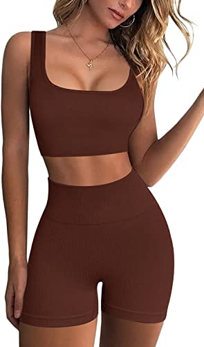 OLCHEE Women's Sexy 2 Piece Workout Outfits - Seamless Ribbed Shorts and Square-Cut Sports Bra Yoga Activewear Set - Light Brown Size L