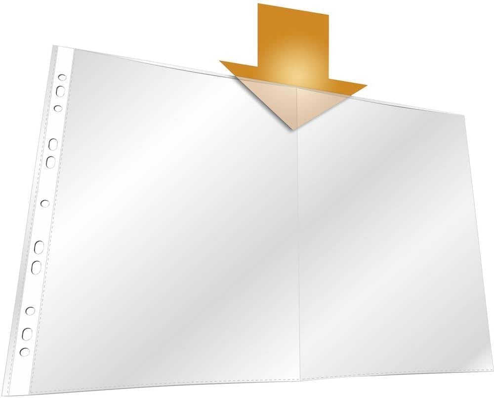 Durable Transparent Punched Pocket A3 Landscape | Punched Document Wallet with Thickness of 0.06mm | Large Pack of 50 Glass Clear Pockets