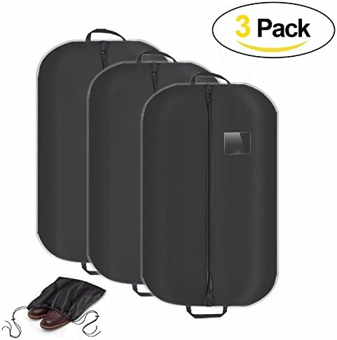 Suit Cover for closet Garment with Zip,Shoulder Bag Folding Zipped Black Suit Bags with Clear Window and 2 Handles for Storage or Travel,Pack of 3 …