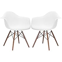 Poly and Bark Eames Style Molded Plastic Dowel-Leg Armchair (DAW) Walnut Legs, White, Set of 2