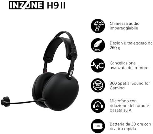 INZONE H9 II Cuffie da gaming wireless con cancellazione del rumore – Audio spaziale a 360°, Microfono con riduzione del rumore, Batteria da 30 ore, Design leggero, Bluetooth Cablato, PC – Black