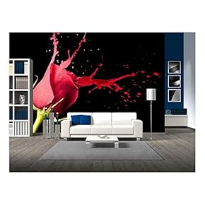 red Rose with red Splashes on Black Background - Removable Wall Mural | Self-Adhesive Large Wallpaper - 66x96 inches