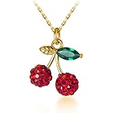 Cute Red Cherry Pendant Necklace for Women Girls 925 Sterling Silver Cubic Zirconia Paved Crystal Fruit Green Leaf Adjustable Chain Choker Necklaces Exquisite Jewelry Gifts for Her with Gift Box