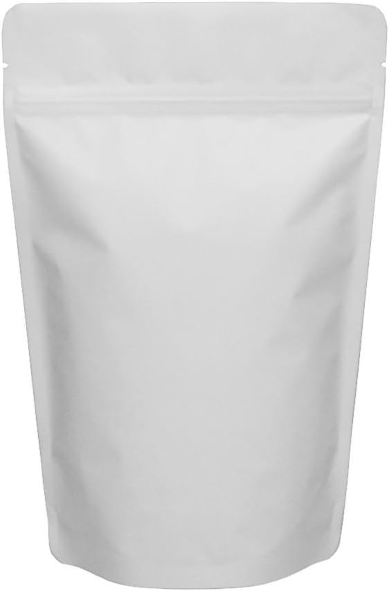 Santmira Pack of 100 (16 oz - (190 x 260 mm)) - Resealable Stand up White Matte Pouches for Reusable Storage, with Zip Lock, Inner Aluminium (Mylar) Foil Lining for Food Packaging & Storage of Drink.