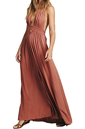 CA Mode Women Plunging Neckline Summer Beach Evening Prom Gown Party Maxi Dress Pink Small Small Pink