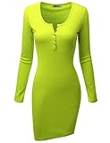 Doublju Womens Long Sleeve Cotton Ribbed Knit Bodycon Henley Dress