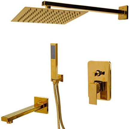 NMDD Shower Set 8 Inch Gold Plate Solid Brass Wall Ceiling Mount Rainfall Bathroom Shower Set Height Handheld Bathtub Mixer Tap Faucet