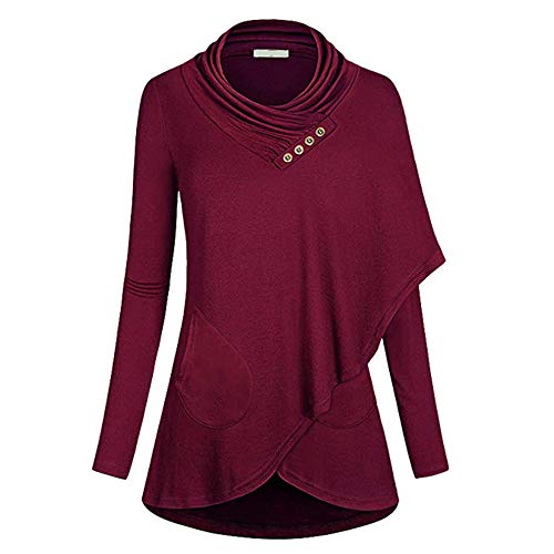 Sannysis Womens Long Sleeve O-Neck with Buttons Irregular Hem Sweatshirt Blouse (Wine, M)