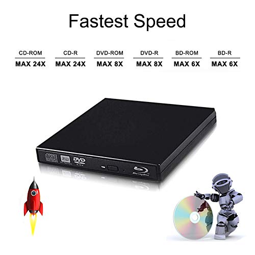 External Blu Ray Drive, USB 2.0 CD DVD Portable Burner Slim Disk Player Writer Reader for Windows XP/7/8/10, MacOS, Linux for Notebook MacBook, Laptop, Desktop (Black)