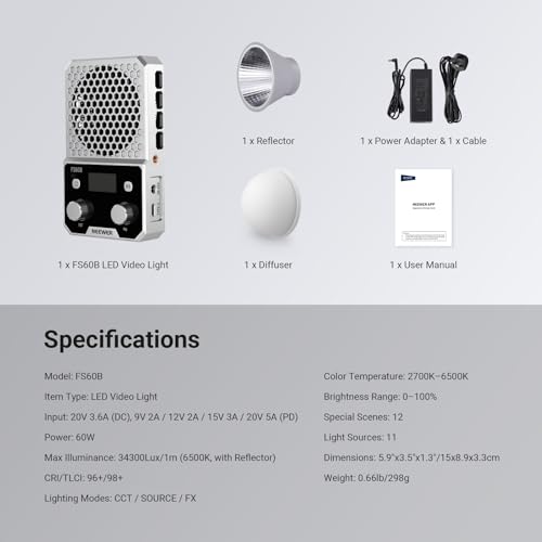 NEEWER 60W Compact Pocket Bi Color LED Light with APP & Panel Control, COB Continuous Output Lighting with 2700K-6500K/CRI96+, Portable for Professional Studio Photography Video Recording, FS60B