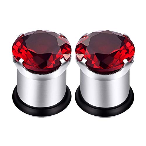 Longbeauty 2Pcs Single Flare Stainless Steel Red Zircon CZ Ear Tunnels Expander Plugs Gauges Stretcher with O-Ring
