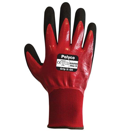 Polyco GIO/09 Grip It Oil Seamless Nylon Glove with Dual Nitrile Coating, Size 9, Red, Size 9 (Pack of 1)
