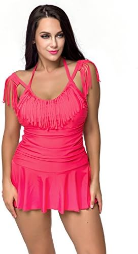 Jaci.Vela Skirted One Piece Swimsuit,Fringe Bathing Suit for Women(Red-XL)