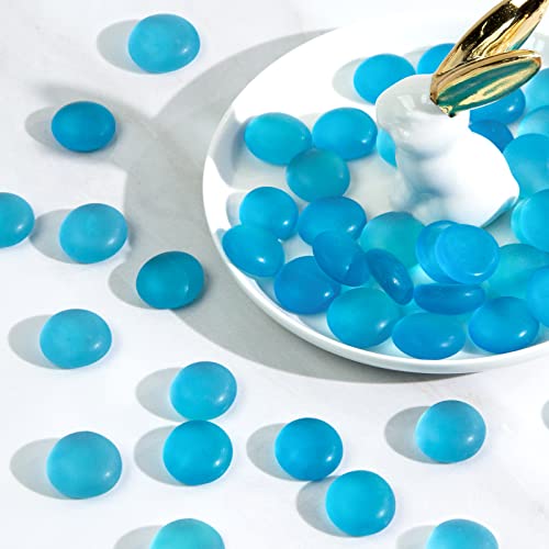 FUTUREPLUSX Frosted Flat Glass Marbles, 100PCS Blue Flat Glass Pebbles Vase Filler Beads Decorative Flat Round Gemstone for Home Decor