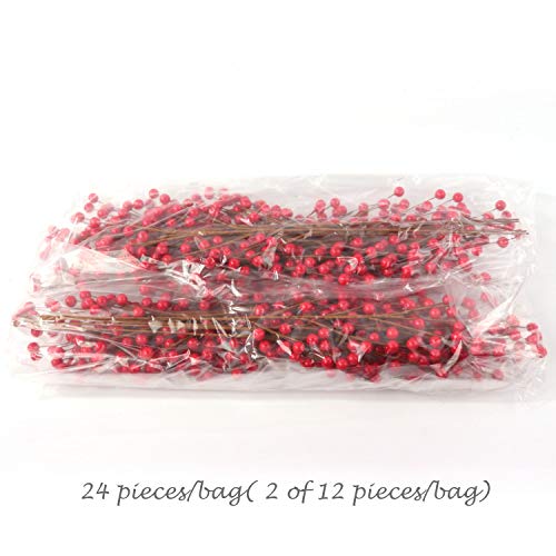 24 Artificial Red Holly Berry Stem Picks - Decorative Wire Stem Branch Sprays for Christmas Tree Decoration, Holiday Décor, Silk Flower Arrangements, Home DIY Crafts, 35 Red Berries on each Stem - Thumbnail 2