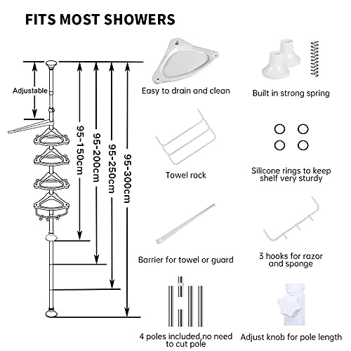 Shower Caddy, Constant Tension Corner Shower Caddy, 4 Tier Positionable Shelves, Rustproof, Strong and Sturdy, Height Adjustable