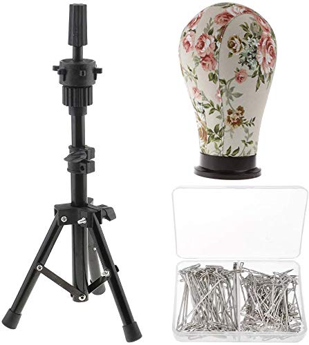 Canvas Block Mannequin Head Wig Heads Set with Adjustable MINI Tripod Holder for Wigs DIY Making Salon Display (23 Inch, Off-white red flower)