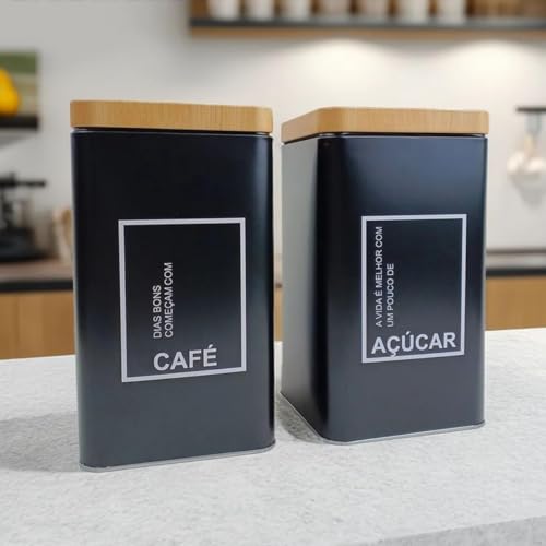 Conjunto de Potes Herméticos para Café e Açúcar Quadrado Metal Preto Fosco com Tampa na Cor Bambu Natural Decorativo Elegante Moderno Sofisticado Resistente e Boa Capacidade de Armazenamento