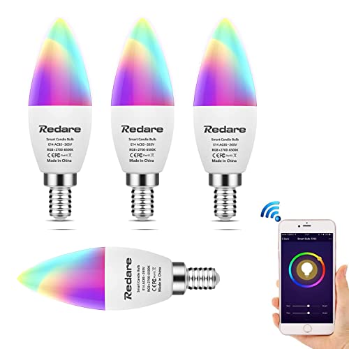 Redare Alexa E14 Smart Candle Bulbs,لمبة ذكية,C37 Dimmable WiFi Smart Bulbs,500Lm,5W Replace 60 Watt,White+RGBCW Colour Changing LED RGB Light Bulb Work with alexa,Google Home(AC85~265V 4 Pack)