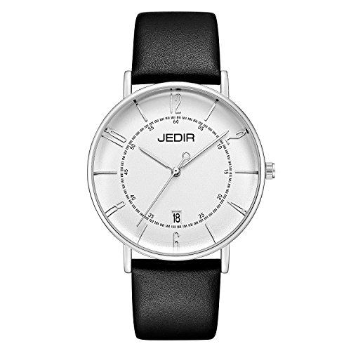 JEDIR Men's Fashion Minimalist Wrist Watch Analog with Date and Leather Band 3ATM Water Resistant (Black Band)