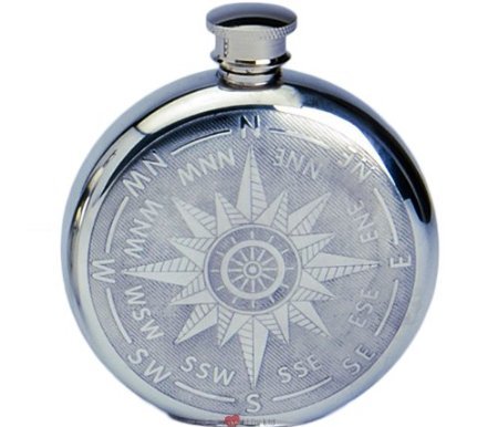 6oz Pewter Spirit Liquor Hip Flask - Round with Ship's Compass Star Design