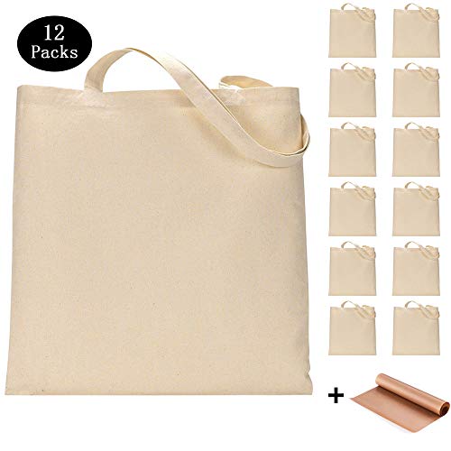 12 Pack Blank Canvas Tote Bags Bulk Shopping Bag for Crafts with 1 Piece of PTFE Teflon Sheet DIY Reusable Grocery Bag, 15 X 16 Inch